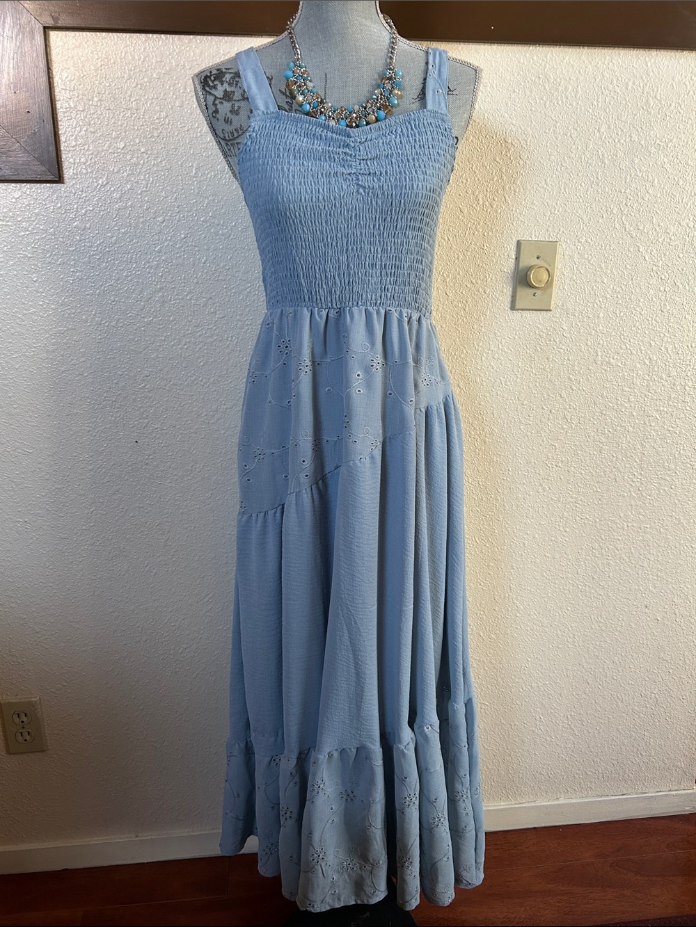 Smocked Light Blue Maxi Dress with Eyelet Tiers